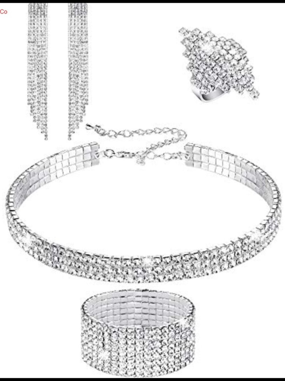Rhinestone Faux Crystal Jewelry Set Necklace Bracelet Ring Earrings Wedding